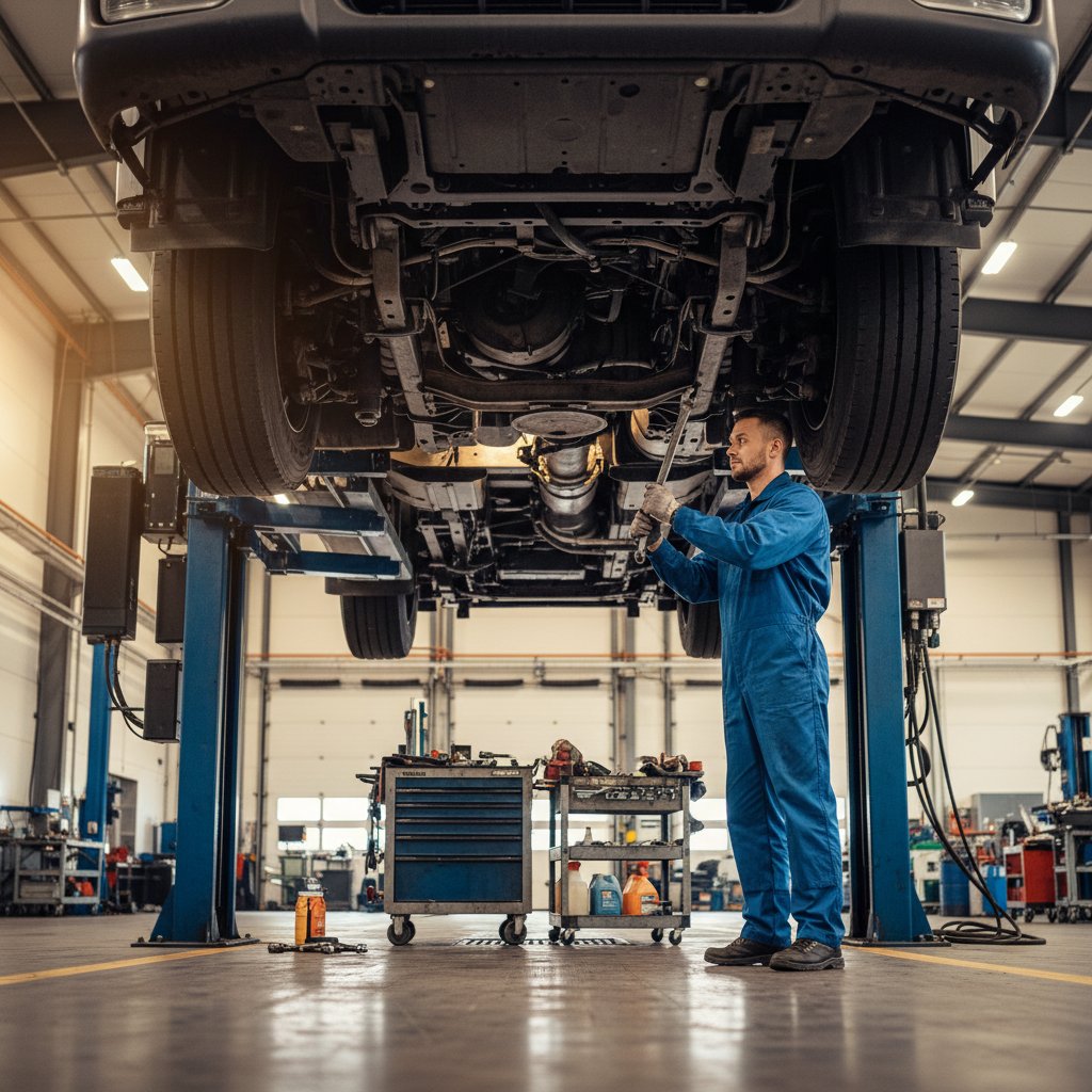 Professional heavy vehicle repair workshop with hydraulic lifts and diagnostic equipment at BasicTips London facility